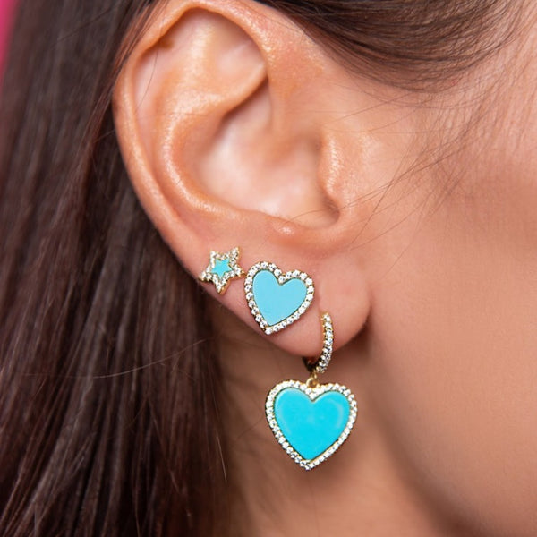 Pave Turquoise Heart Earrings 925 Silver