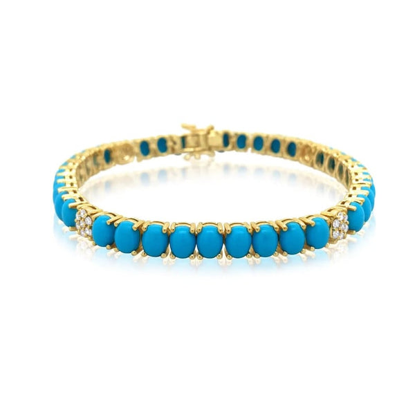 925 Silver Oval Turquoise Diamond Cluster Tennis Bracelet