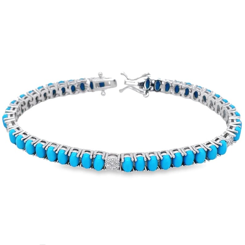 925 Silver Oval Turquoise Diamond Cluster Tennis Bracelet