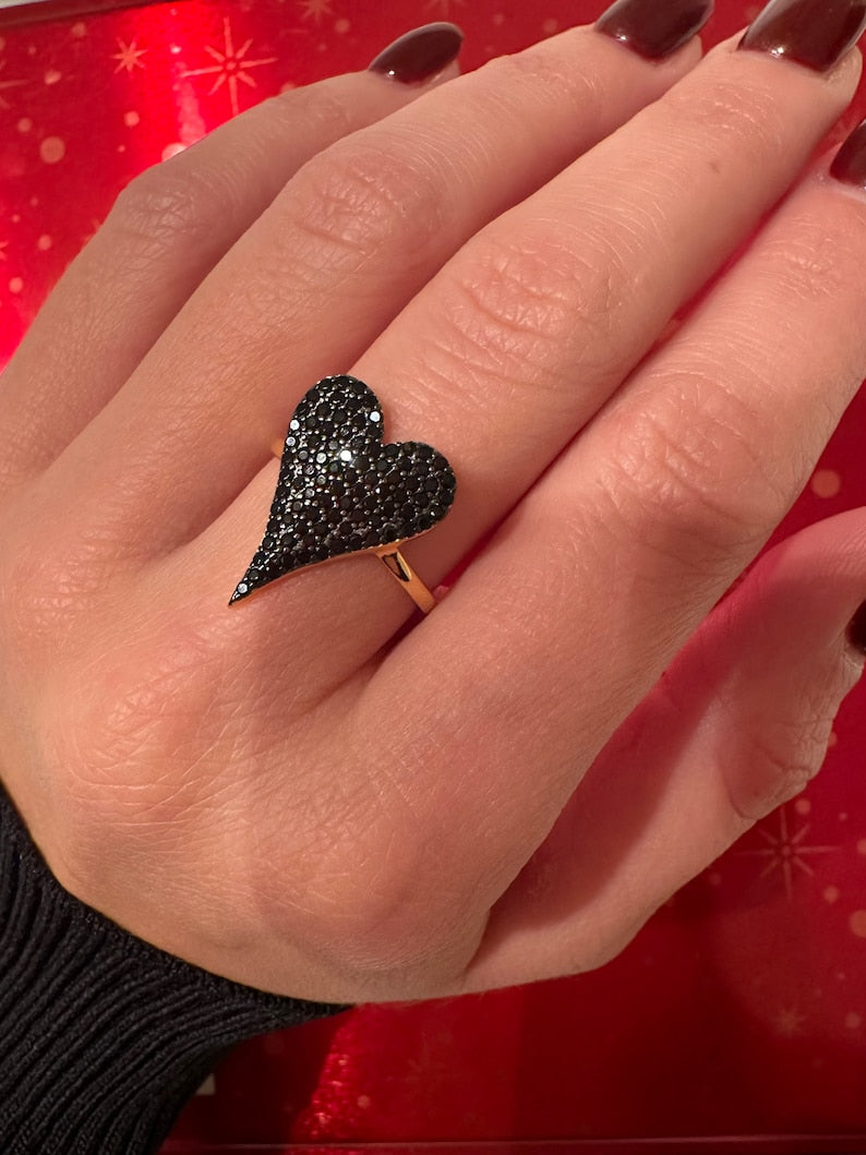 925 Silver Black Pave Heart Ring