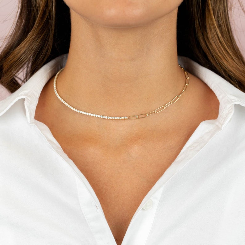 Half Tennis Half Paper Clip Choker Necklace 925 Silver