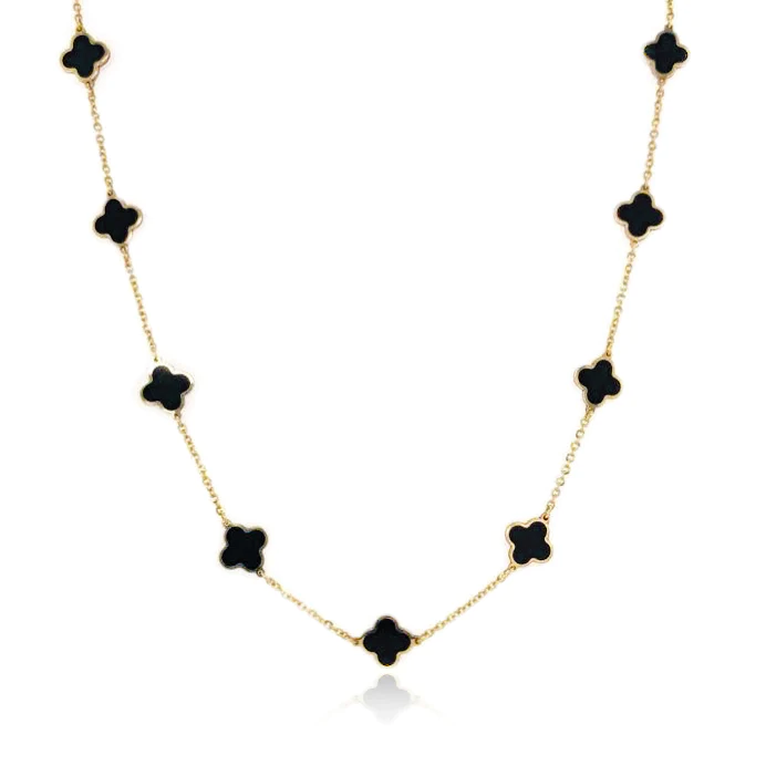 14K Italian Gold Onyx Clover Necklace