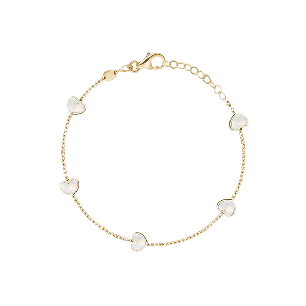 Mother of Pearl Heart Station Bracelet 14K Italian Gold