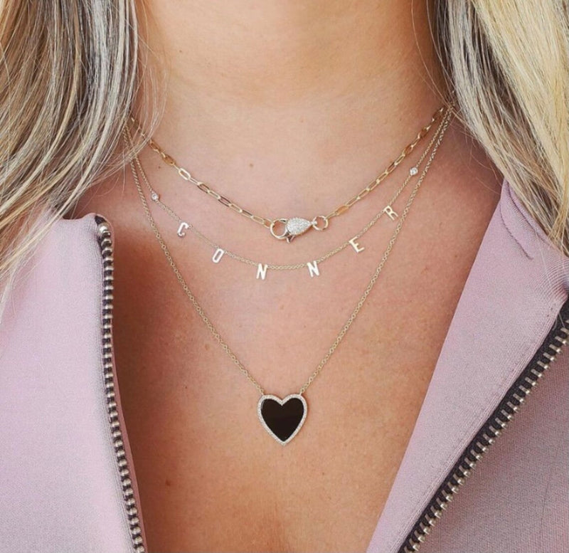 Pave  Outline Onyx Heart Necklace 925 Silver