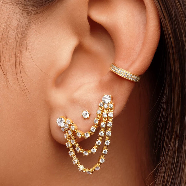 Fancy Double Piercing Diamond Chain Drop Earring 925 Silver