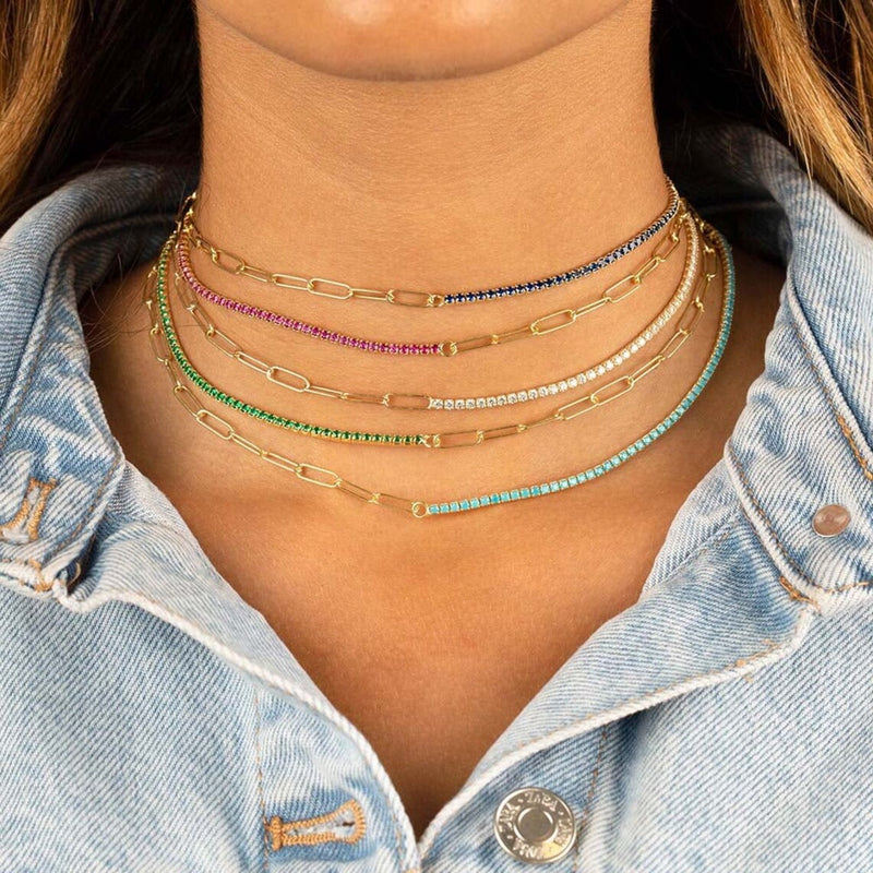 Half Turquoise Tennis Paper Clip Choker Necklace 925 Silver