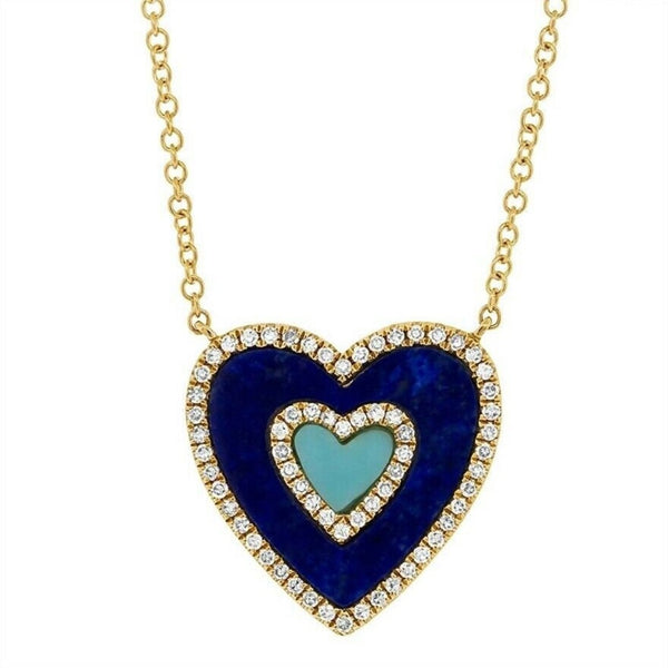 Turquoise Lapis Heart in Heart Necklace 925 Silver