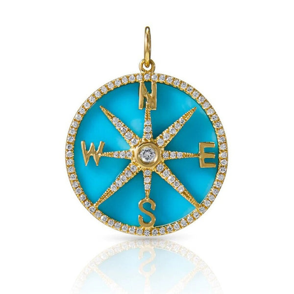 14K Italian Gold Turquoise Diamond Compass Charm