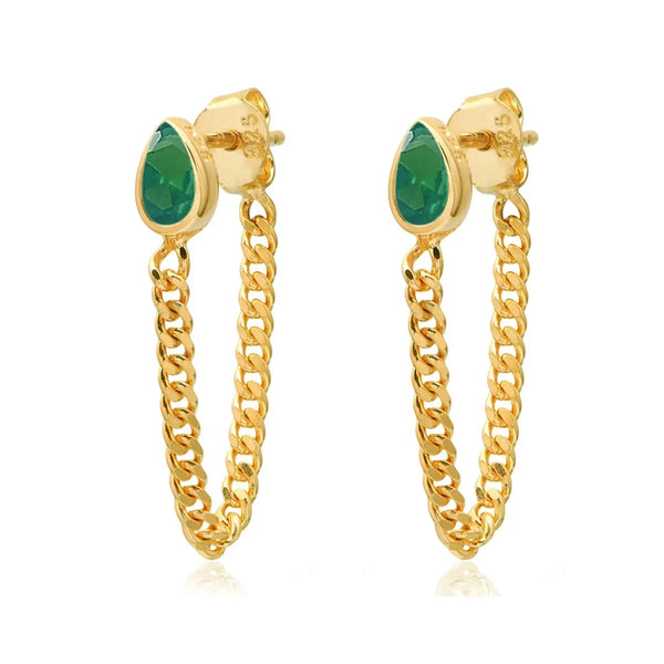 Emerald Pear Shape Chain Drop Earrings 925 Silver