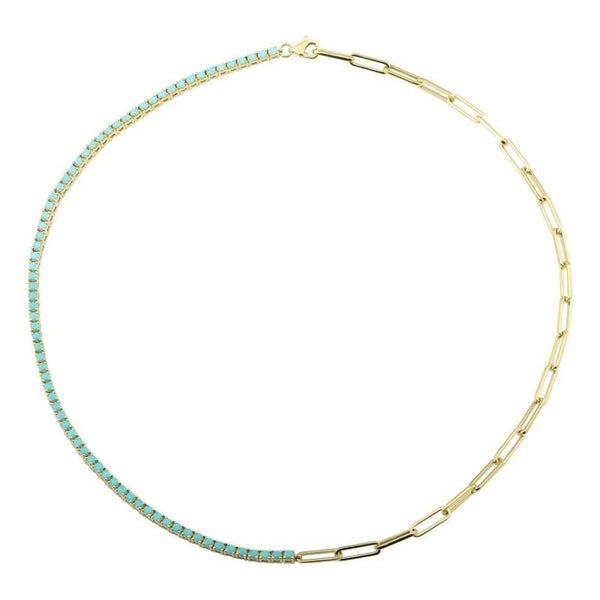 Half Turquoise Tennis Paper Clip Choker Necklace 925 Silver