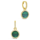 Malachite Disc Drop Hoop Earrings 925 Silver CZ