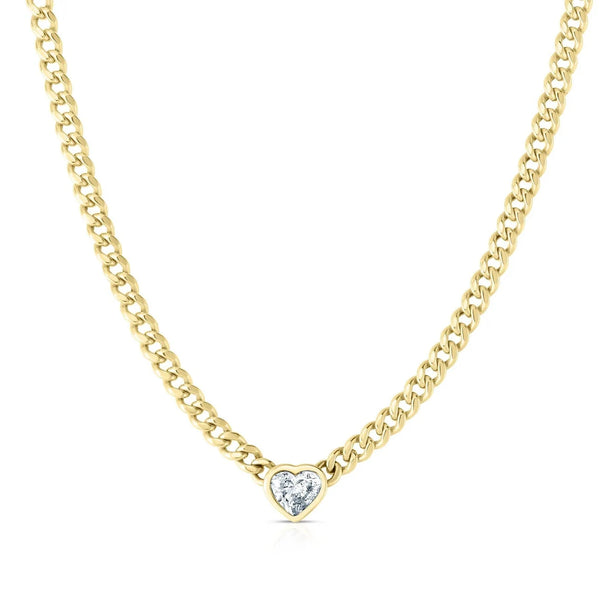 Bezel Heart Cuban Link Necklace 925 Silver