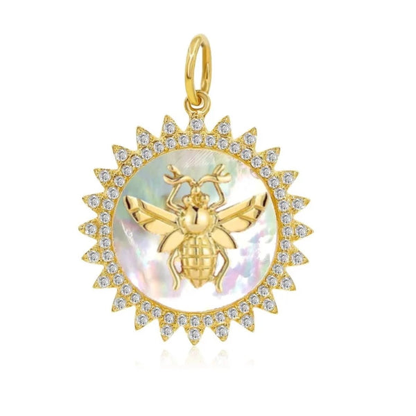 14K Italian Gold Diamond & Mother of Pearl Bee Charm Pendant