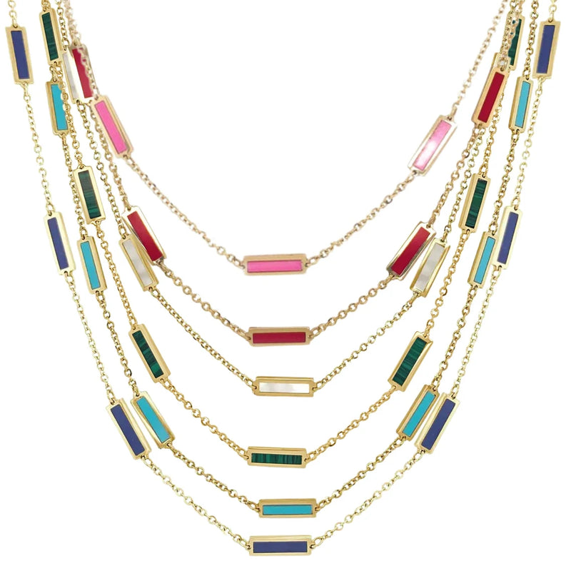 14K Italian Gold Gemstone Bar Station Necklace