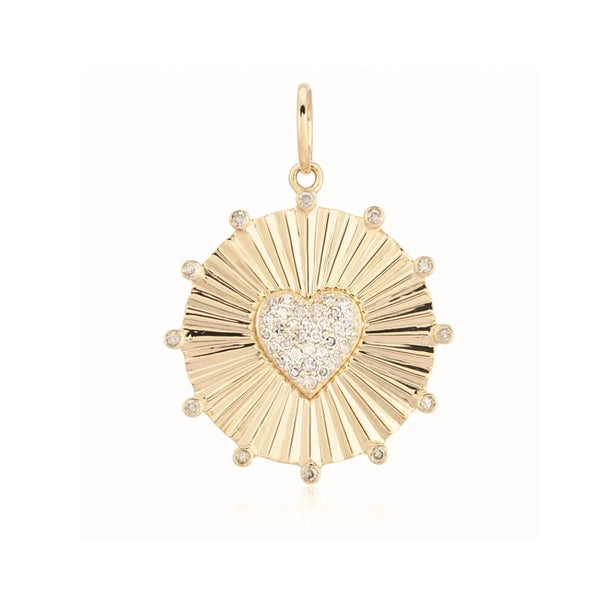 14K Italian Gold Fluted Disc Diamond Heart Charm