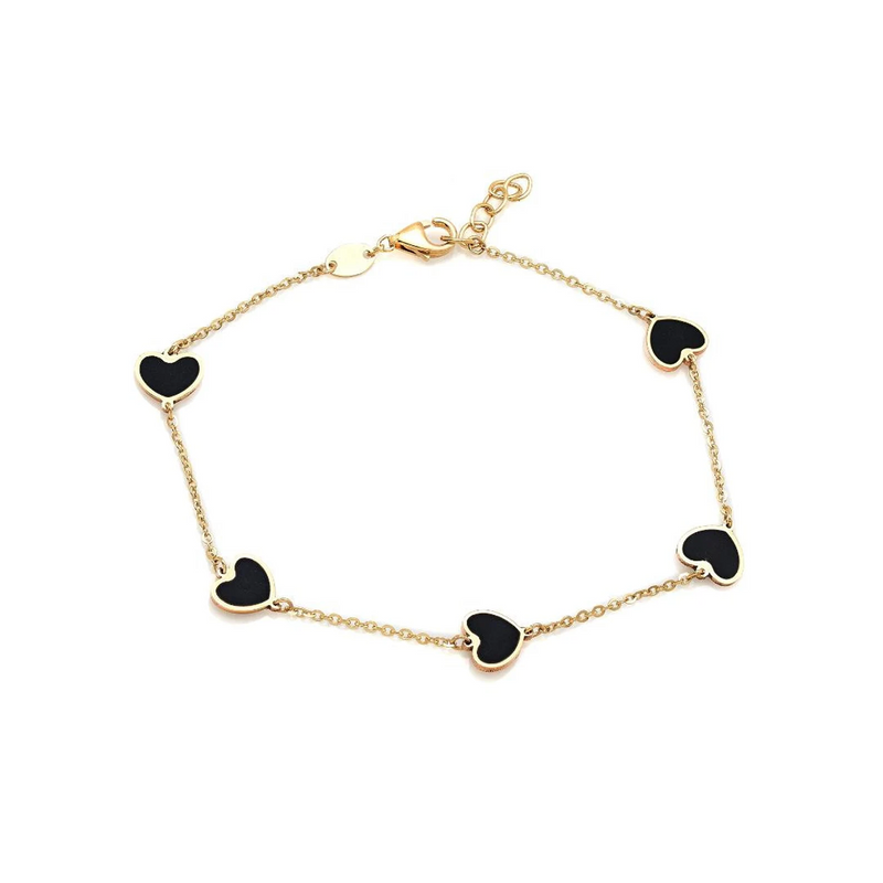 Onyx Heart Station Bracelet 14K Italian Gold