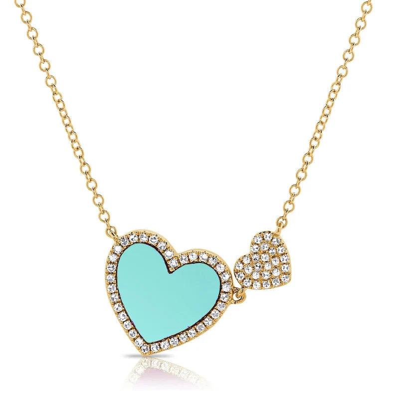 Pave Turquoise Double Heart Necklace 925 Silver