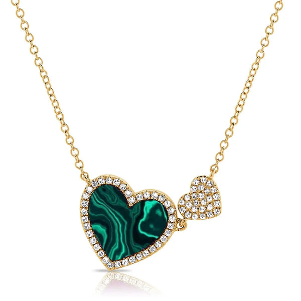 Pave Malachite Double Heart Necklace 925 Silver