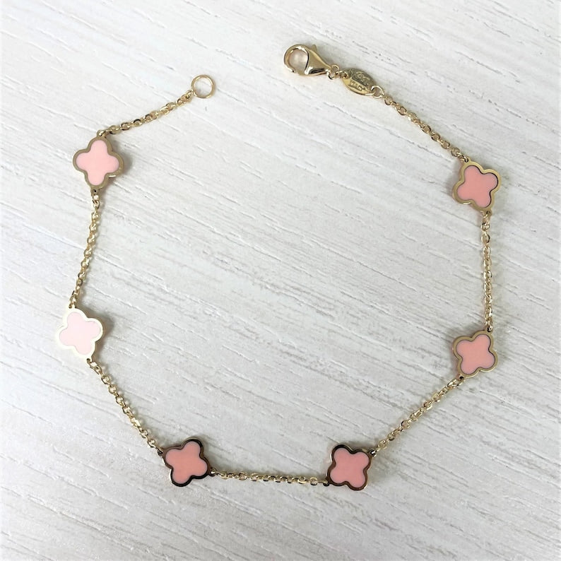 14K Italian Gold Blended Agate (Blush) Clover Bracelet