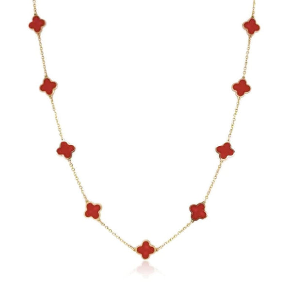 14K Italian Gold Coral Red Clover Necklace