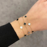 14K Italian Gold Onyx Mother of Pearl Clover Bracelet