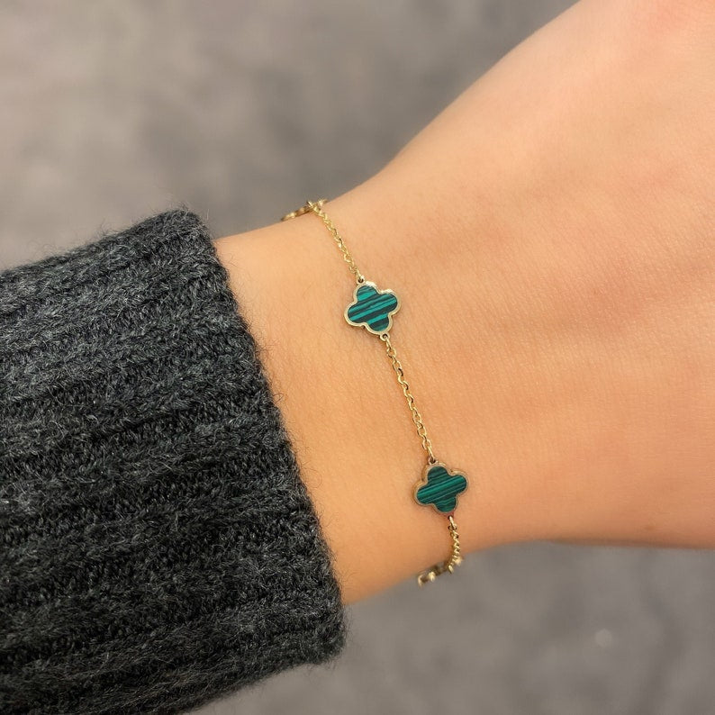 14k Yellow Gold Malachite Clover Bracelet - Bracelets