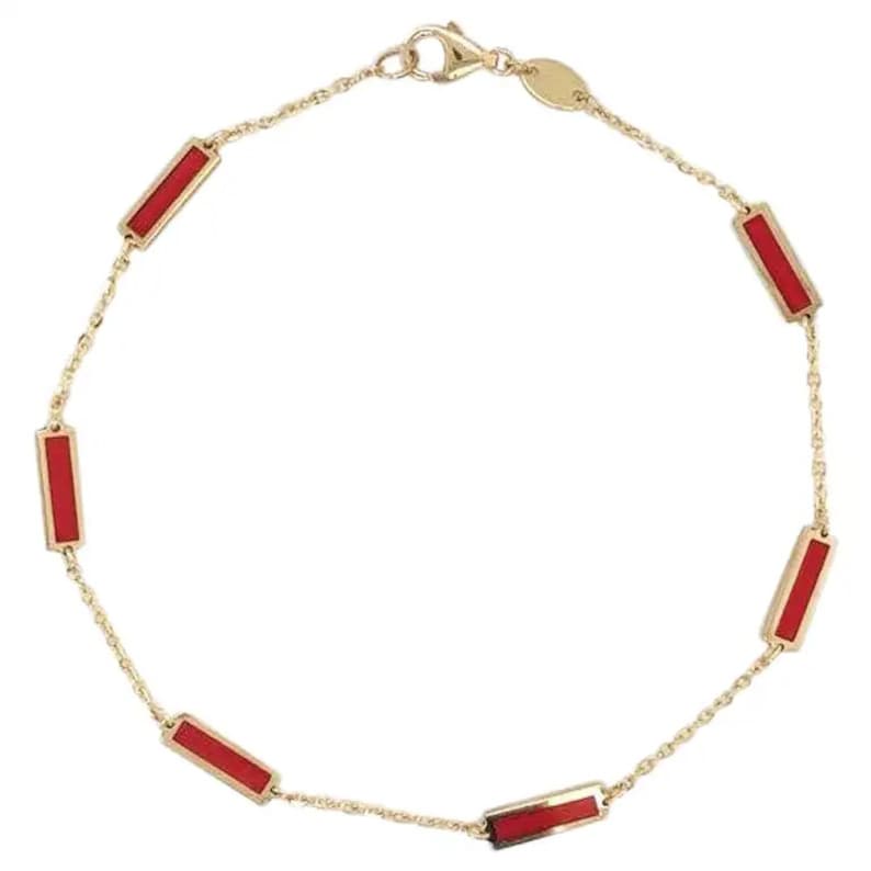 Red Coral Bar Station Bracelet 14K Italian Gold