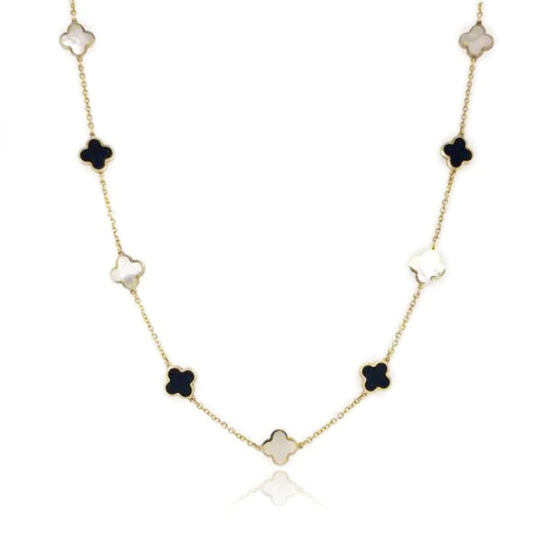 14K Italian Gold Onyx Mother of Pearl Clover Necklace