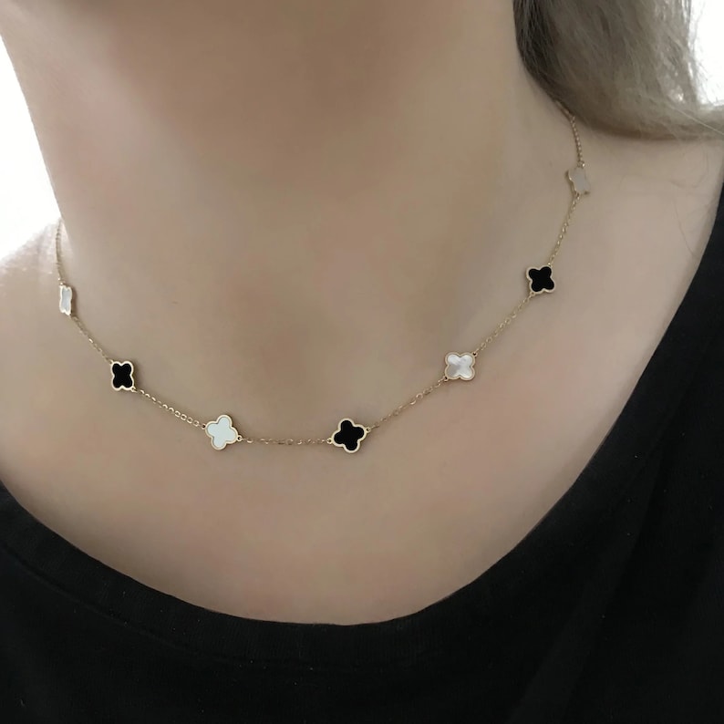 14K Italian Gold Onyx Mother of Pearl Clover Necklace