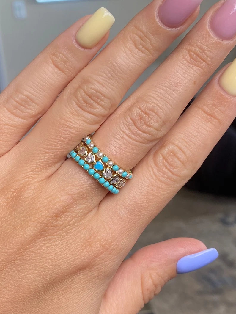 Turquoise Cabochon Eternity Band Ring 925 Silver