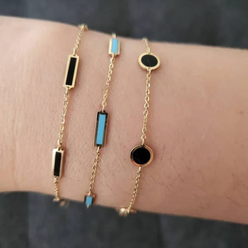 Turquoise Bar Station Bracelet 14K Italian Gold