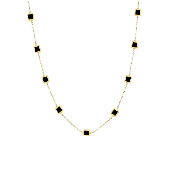 14K Italian Gold Onyx Square Station Necklace