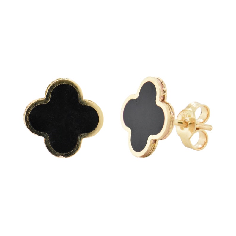 14K Italian Gold Onyx Clover Stud Earrings