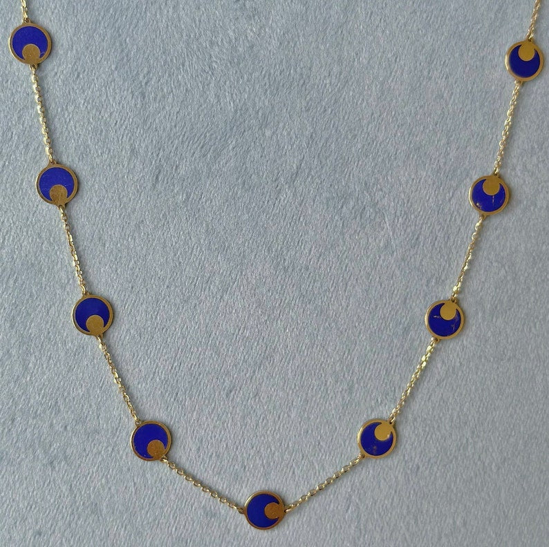 Lapis Disc Circle Station Necklace 14K Italian Gold