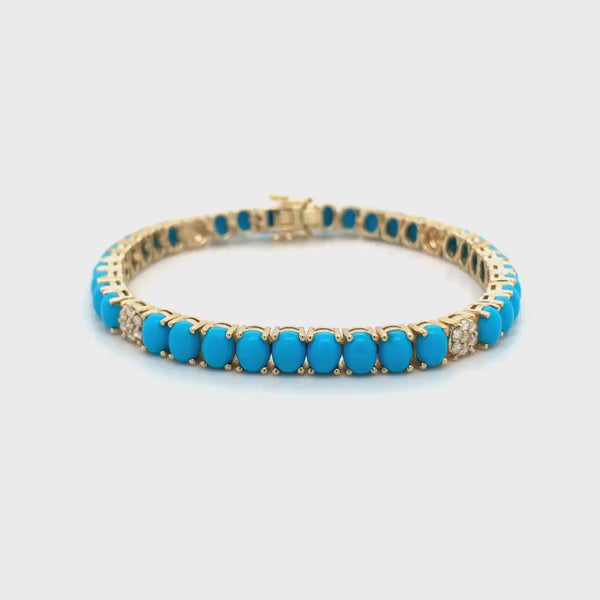 925 Silver Oval Turquoise Diamond Cluster Tennis Bracelet