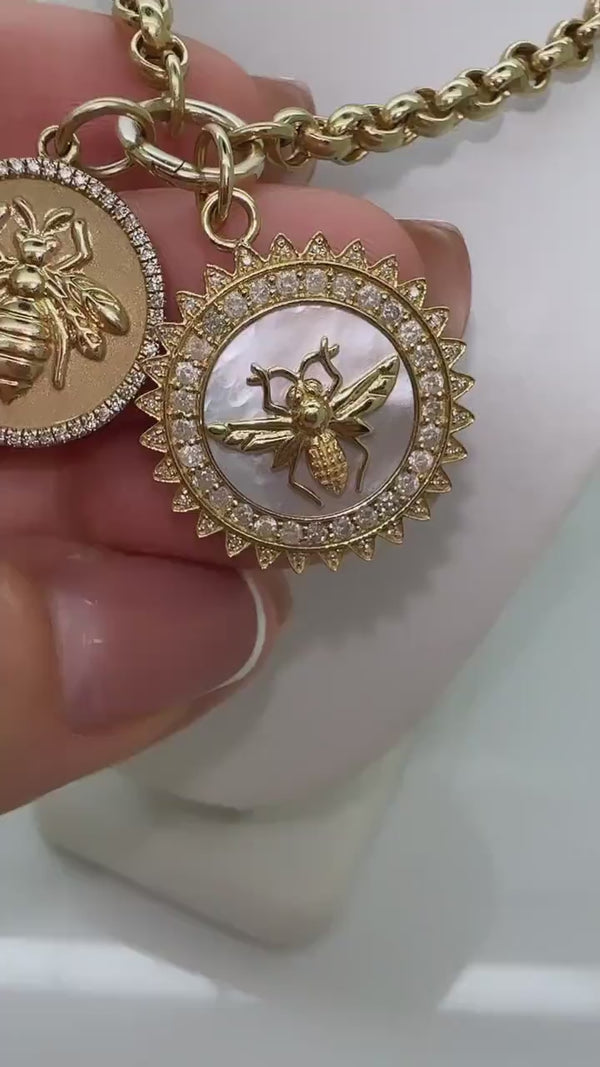 14K Italian Gold Diamond & Mother of Pearl Bee Charm Pendant