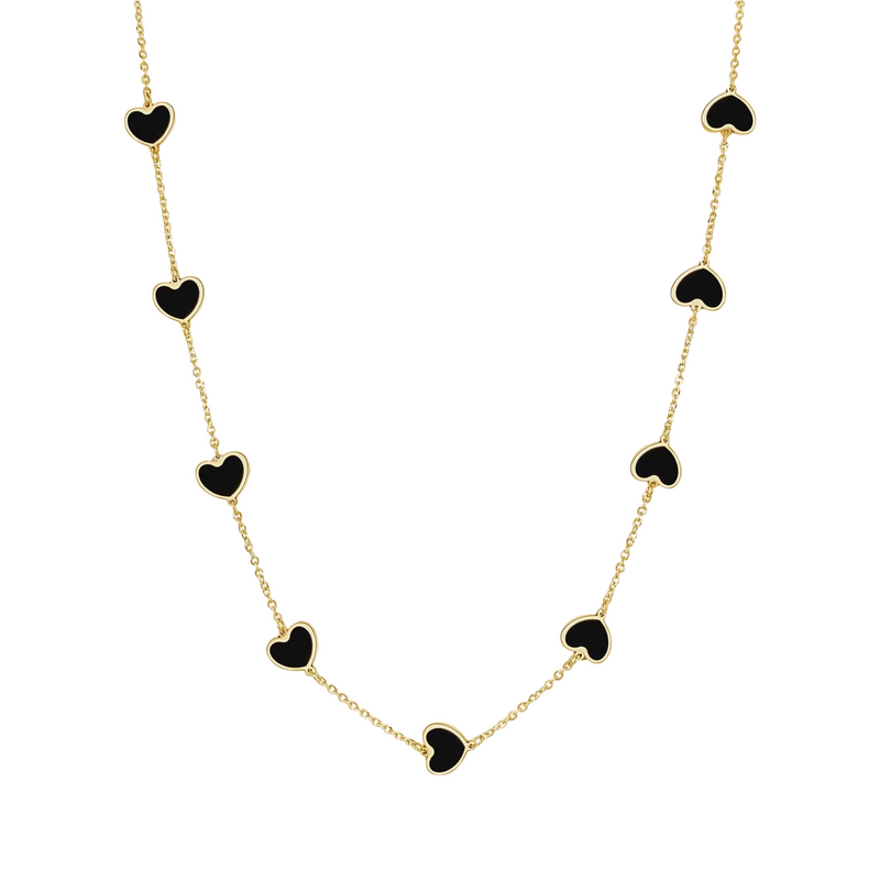 14K Gold Onyx Heart Necklace Heart Station Necklace