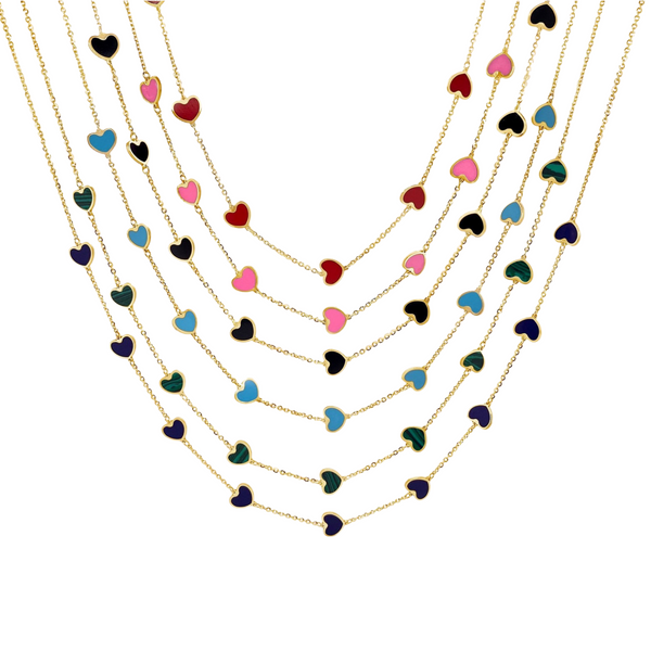 14K Gold Onyx Heart Necklace Heart Station Necklace