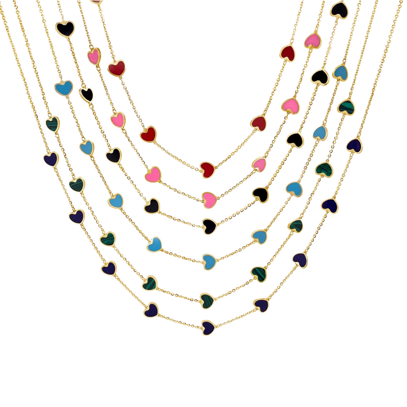 14K Gold Red Coral Hearts Necklace