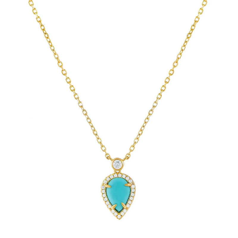 Turquoise Teardrop Necklace with Pave Halo 925 Silver