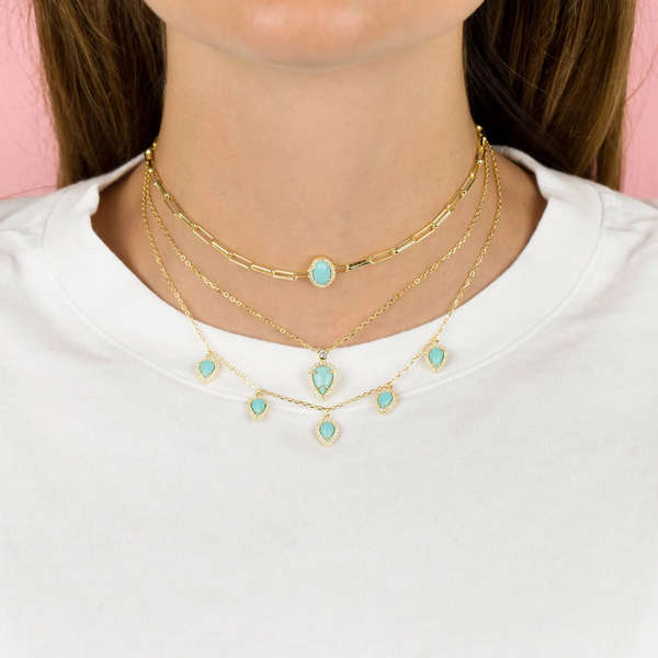 Turquoise Teardrop Necklace with Pave Halo 925 Silver