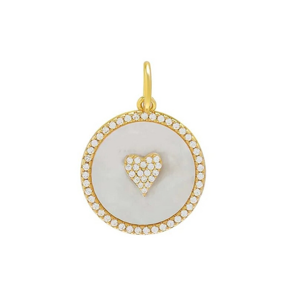 Mother of Pearl Pave Heart Disc Pendant 925 Silver