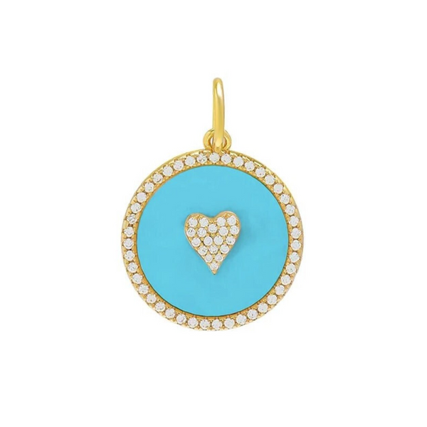 Turquoise Pave Heart Disc Pendant 925 Silver