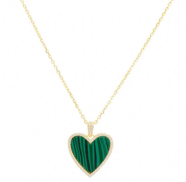 Pave Malachite Heart Necklace 925 Silver