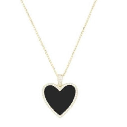 Pave Onyx Heart Necklace 925 Silver